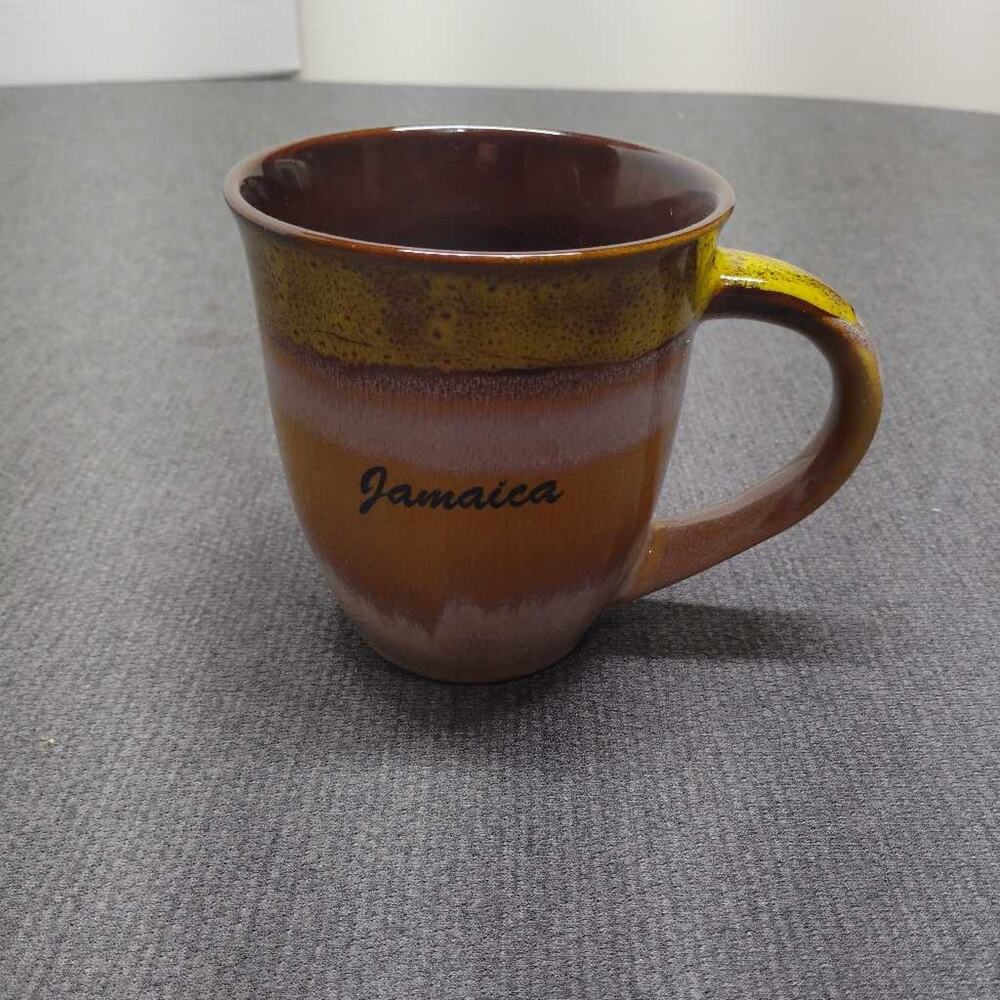 Vintage Jamaica Souvenir Coffee Mug Brown Yellow Drip Glaze Pottery